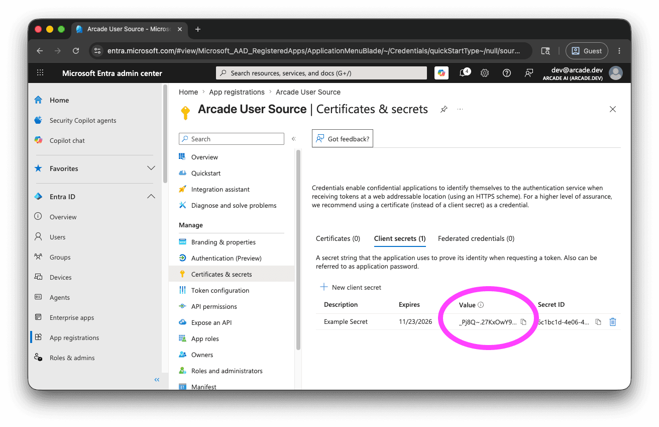 Certificates and secrets page with a newly created client secret, with the Value field highlighted